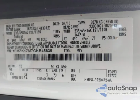 2016 Ford Transit-150 Xl z USA, uszkodzony, nr VIN 1FMZK1ZM7GKB45639